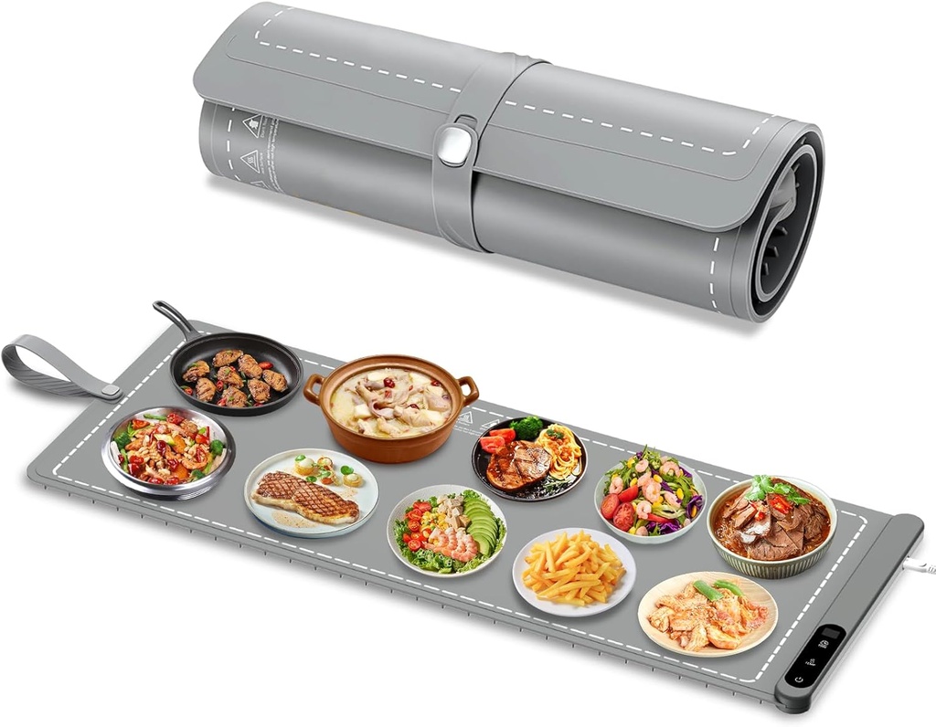 Food Warming Mat Extra Large, Electric Warming Tray with 6 Temperature Settings and Hours Timer, Full Surface Heating Food Warmer Mat, Silicone Heating Tray for Gatherings Parties, Grey