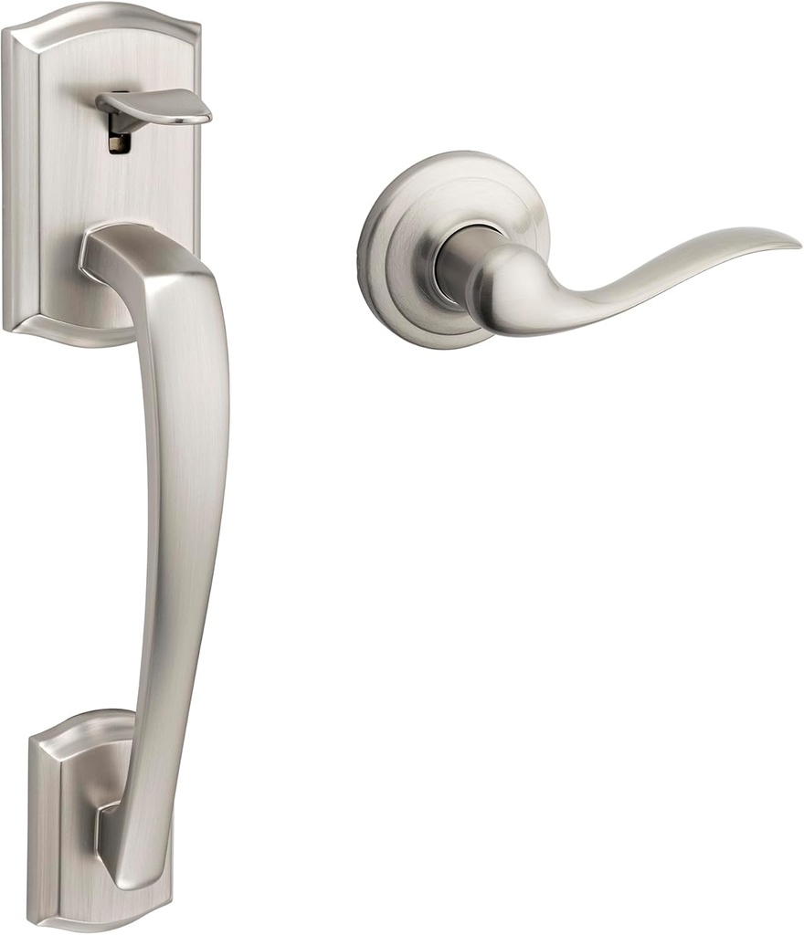 Kwikset Prescott Front Door Handle No Lock, Entry Handleset Exterior with Interior Reversible Handed Lever, Non-Locking, Satin Nickel, Deadbolt Not Included, with Microban Protection