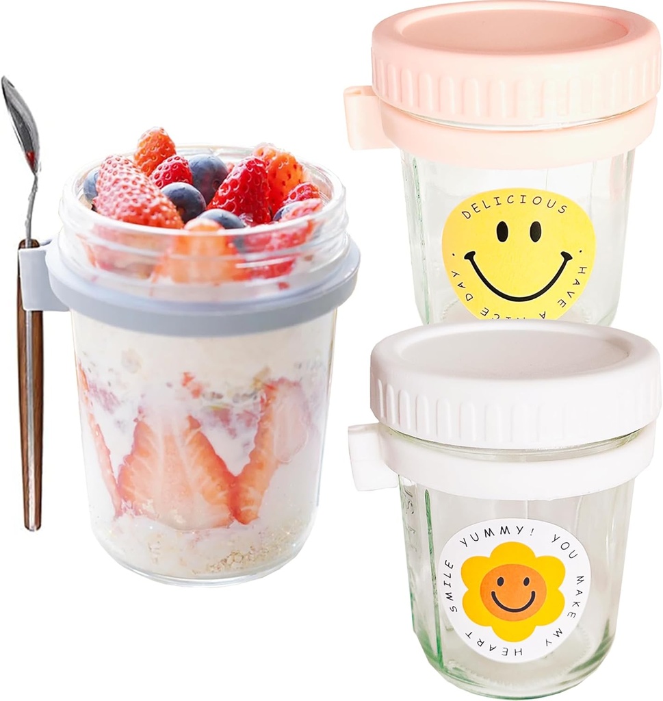 2 Pack Overnight Oats Containers with Lids and Spoons,16 oz Glass Mason Overnight Oats Jars,Reusable portable plastic food storage container for oatmeal, yogurt, soup, grains, milk, etc