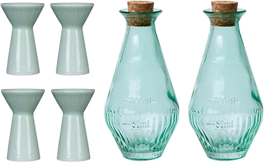 Glass Sake Set 2 Pcs Sake Dispenser Ceramic Sake Set 4 Pcs Sake Drinkware Japanese Sake Pot with Volume Scale for Home Party
