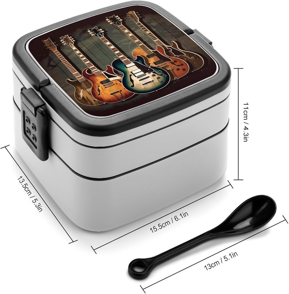 All-in-One Bento Box Stackable Leak-Proof Lunch Box With Carry Handle 2 Layer Portable Meal Prep Container Guitars Art Lunchbox with Utensils for Dining Out Work, Black