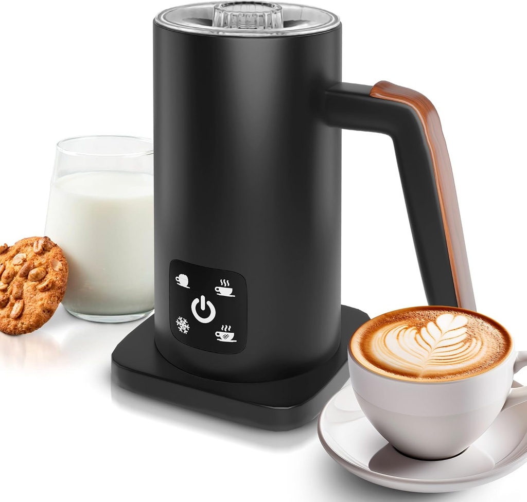 Black Electric Milk Frother and Steamer 11.8oz. Warm and Cold Foam Maker for Coffee. Functional 4-in-1 Automatic Milk Steamer and Frother for Latte, Hot Chocolate, Heating Baby Formula