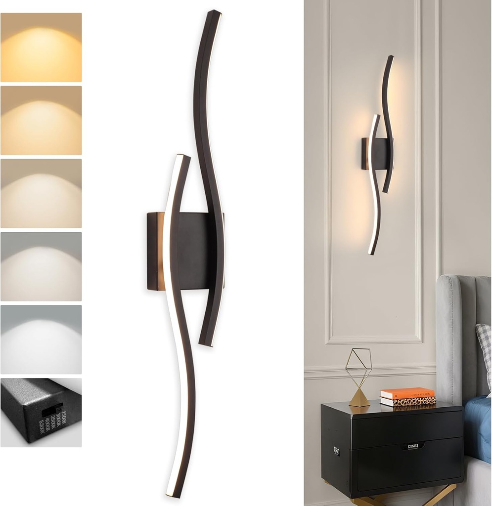 Modern Black Wall Sconce, 5CCT Dimmable Indoor Led Wall Sconce Lighting, Hardwire Black Led Wall Lamps for Living Room Bedroom Bathroom Hallway, Indoor Wall Decor Bedside Wall Lamp, 31.5Inch