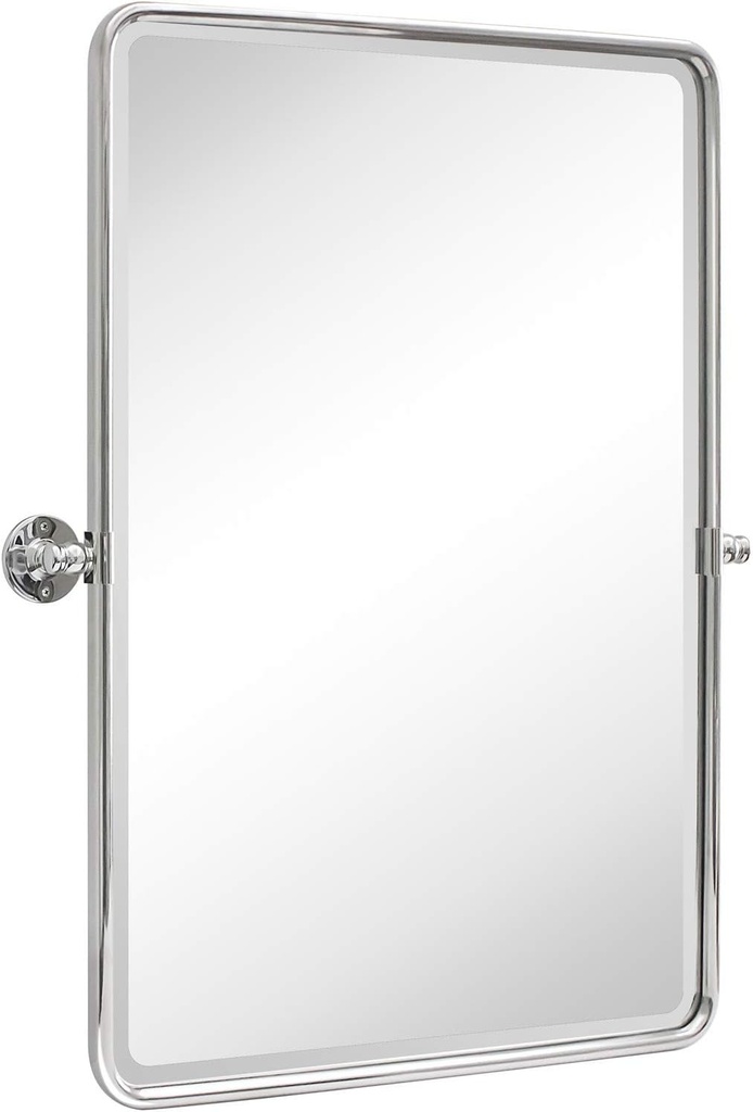 TEHOME Chrome Pivot Rectangle Bathroom Vanity Mirrror Farmhouse Tiltable Rounded Metal Framed Pivoting Bathroom Mirror with Beveled Mirrror, Overall 26.91 x 35 inches (Mirrror 23 x 35 inches)