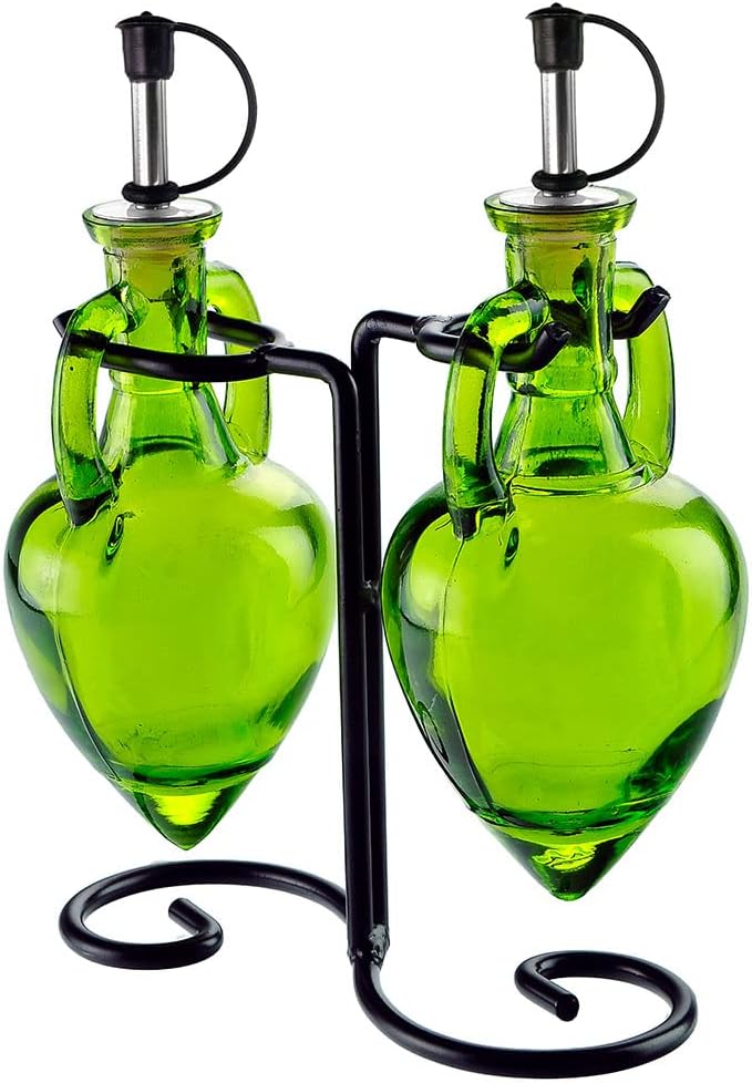 Couronne Company Amphora Double Oil & Vinegar Glass Cruet Set w/ Stand, 6.1 oz * 2, Lime, 1 Piece