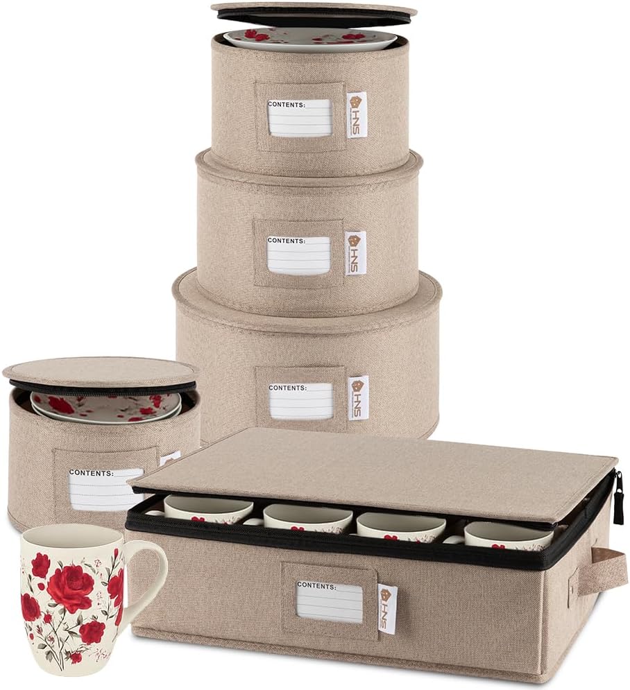 Hard Shell China Storage Containers 5-Piece Set Moving Boxes for Dinnerware, Glasses, Plates, Mugs and Saucers Sturdy Dish Organizer with Dividers for Seasonal Storage - Service for 12 - Brown