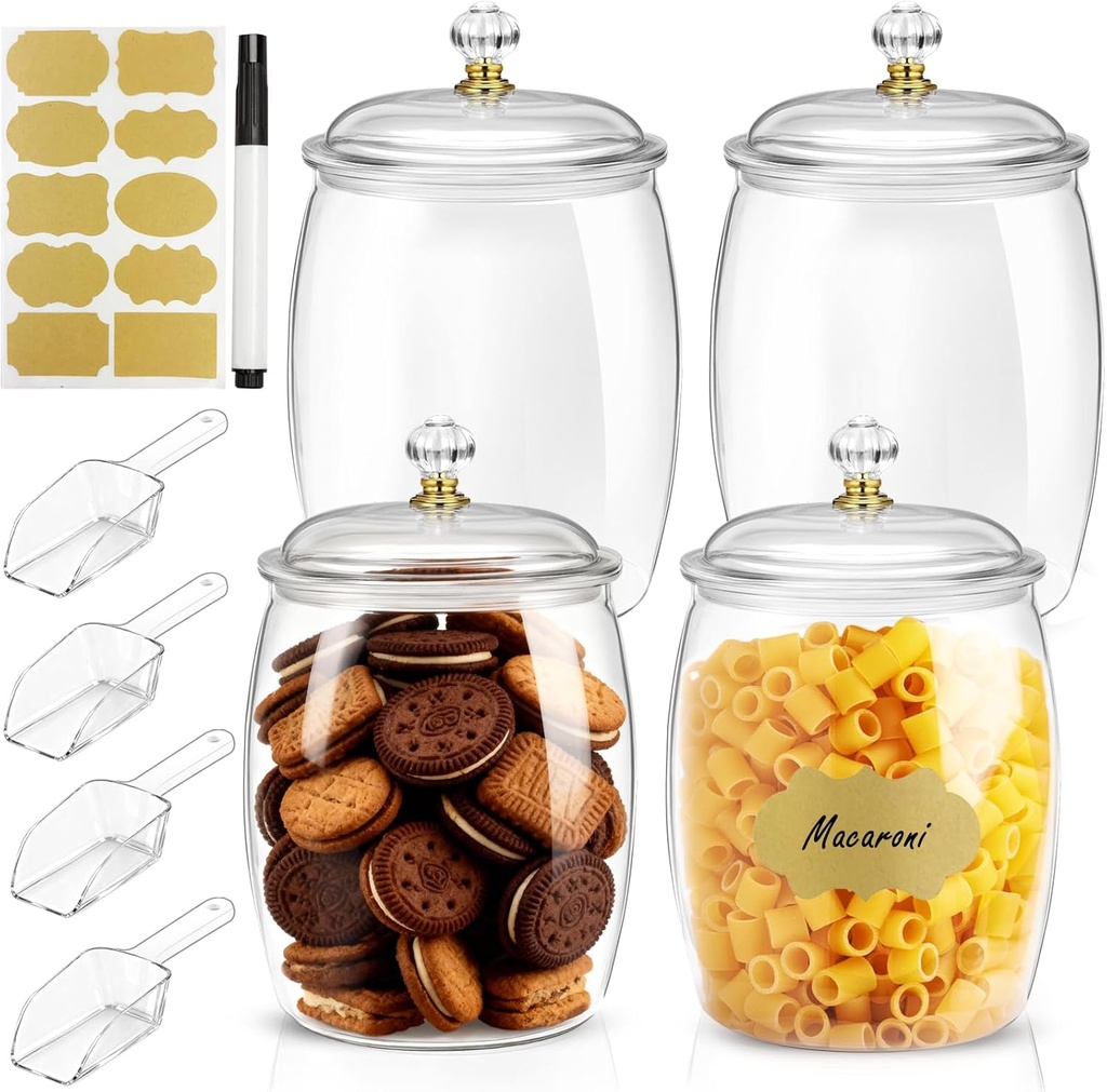6 Pcs Candy Jars with Lids,Plastic Cookie Storage Jar Airtight Food Storage Containers Includes 6 Spoons + Label Stickers & Pen, 2.2L Clear Apothecary Jars for Kitchen Counter