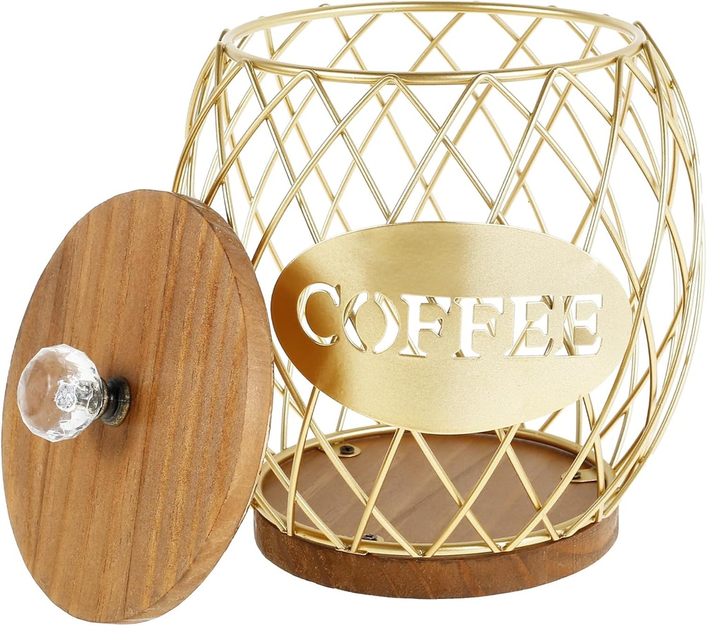 Coffee Pod Basket Holder Metal Coffee Pod Storage Basket with Dust Cover Hollow Design Coffee Pod Storage Container Large Capacity Sturdy Coffee Pod Organizer (golden)