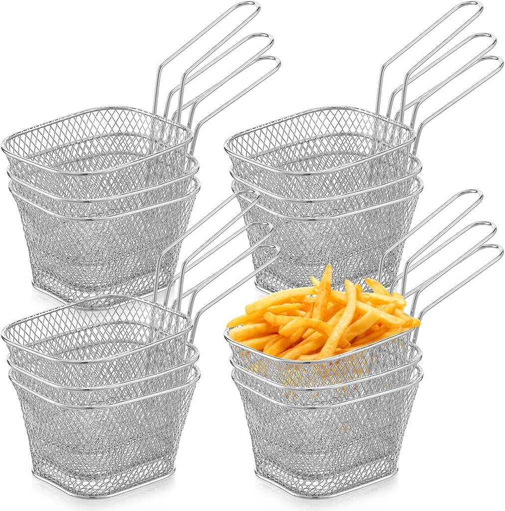 12 Pcs Mini Square Fry Basket Bulk Stainless Steel French Fry Holder Food Baskets for Serving Fryer Container with Handle Reusable Small Deep Fryer Holder for Home Kitchen Decor (Silver)