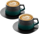 8 oz Cappuccino Cups Set of 2, Embossment Ceramic Coffee Cups with Saucers Set for Latte Art, Artistic Stoneware Cups for Cafe Au Lait, Black Tea, Coffee Lovers GiftsGradient Green