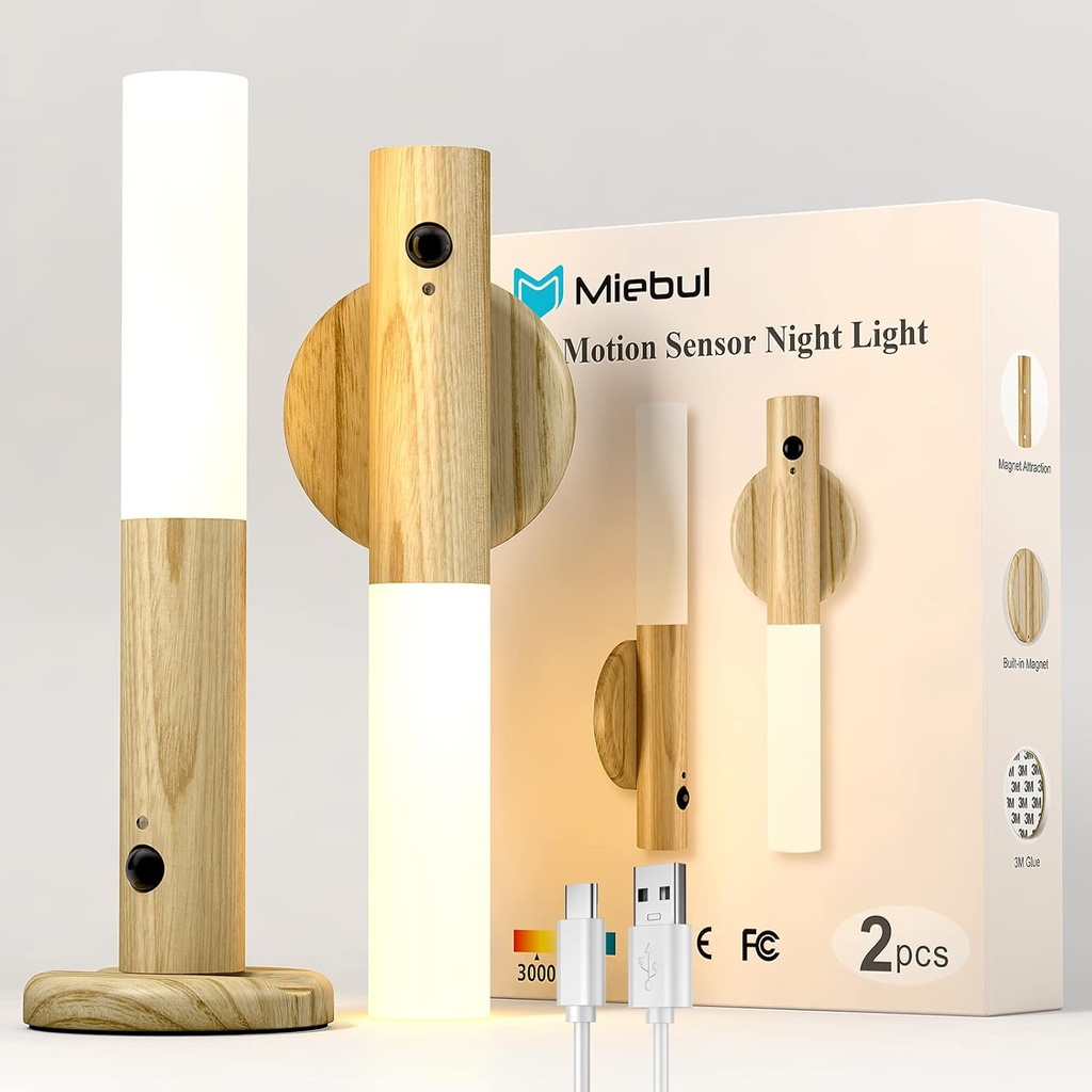 Miebul Motion Sensor Night Light, Rechargeable Body Sensor Night Light Indoor, Magnetic Wooden LED Wall Sconce for Bedroom Corridor Staircase Cabinet (White Ash, 2PC)