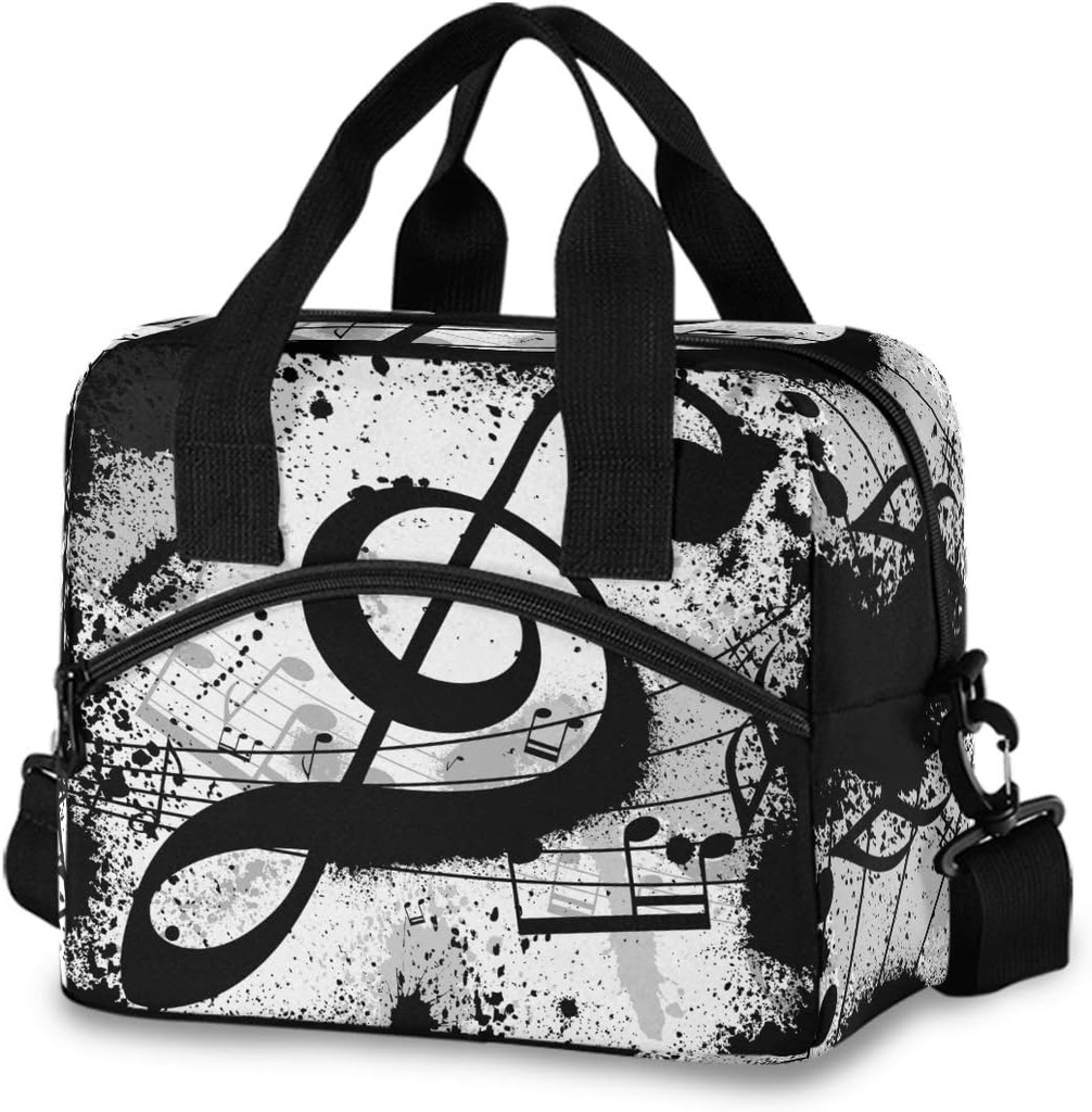 Sinestour Music Notes Insulated Lunch Bag Gunge Black Reusable Cooler Lunch Box Adjustable Shoulder Strap for School Office Picnic Adults Men Women