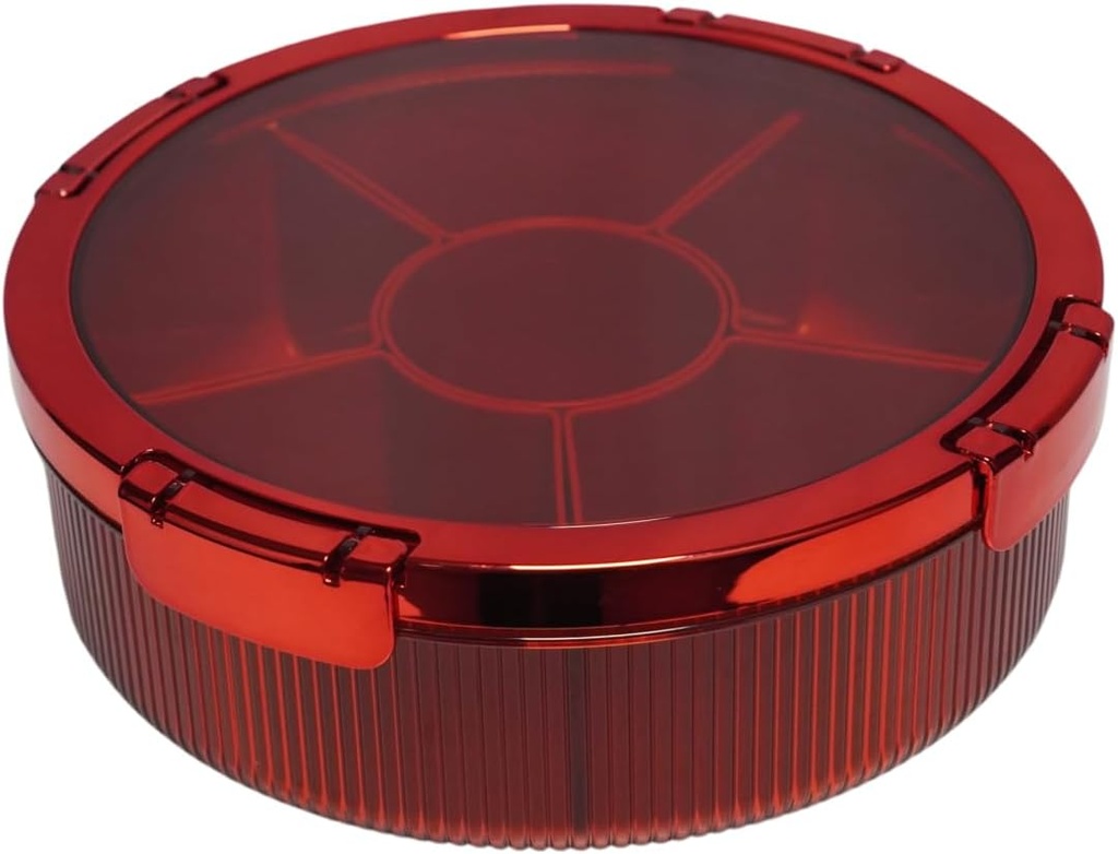 Snackle Box Container, Round Divided Serving Tray with lid 6parts (Red) for Veggie, Candy and Nuts Organizer, Snackle Charcuterie Boxes for Travel, Party and Picnic
