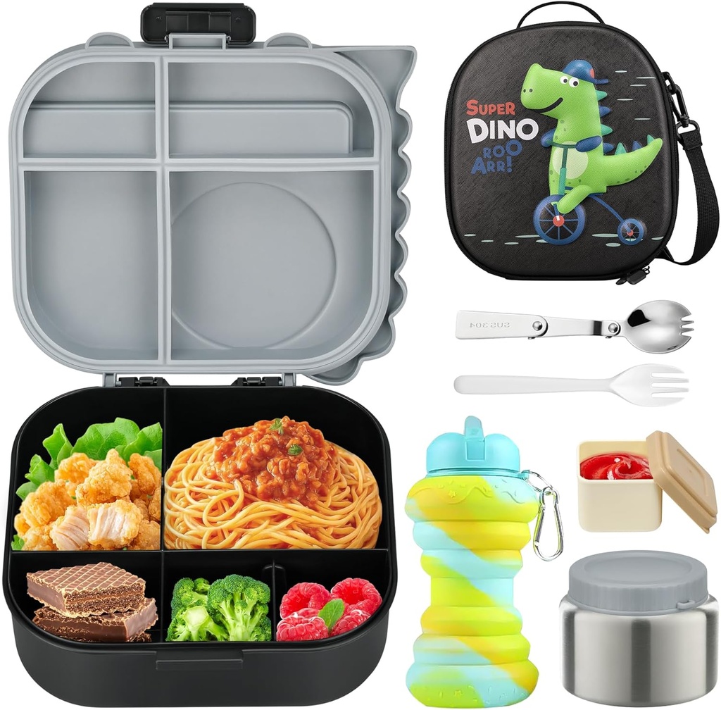 Dinosaur Lunch Box for Kids with Secret Compartment | 4 Compartments Bento Box + 12oz Insulated Food Jar | Leak-Proof Sauce Cup & Collapsible Spoon | BPA-Free, Dishwasher Safe(Grey-01)