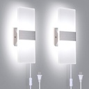 TRLIFE Modern Wall Sconces Set of 2, Wall Sconce Plug in 12W LED 6000K Cool White Acrylic Wall Mounted Light Wall Lights with 6FT Plug in Cord for Bedroom Bedside Stairway(2 Pack, Silver)