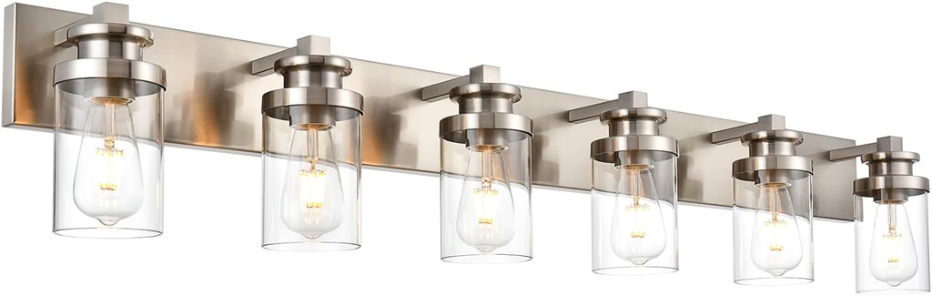BONLICHT Modern Wall Mount Light Brushed Nickel Bathroom Vanity Light Fixture Farmhouse Wall Sconce 6 Lights Modern Lighting Fixtures Hallway Wall Lamp Over Mirror with Clear Glass Shade(Exclude Bulb)