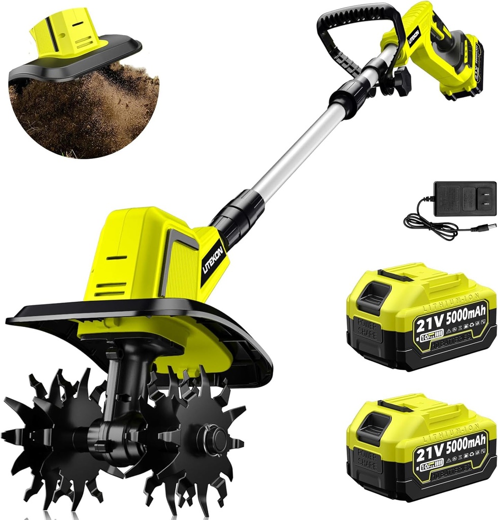 Powerful Cordless Tiller Cultivator with 720RPM Brushless Motor, 2x5.0Ah Batteries&1.5A Fast Charger, 10In Tilling Width and 7In Depth, Super Power Electric Garden Tiller Battery Powered