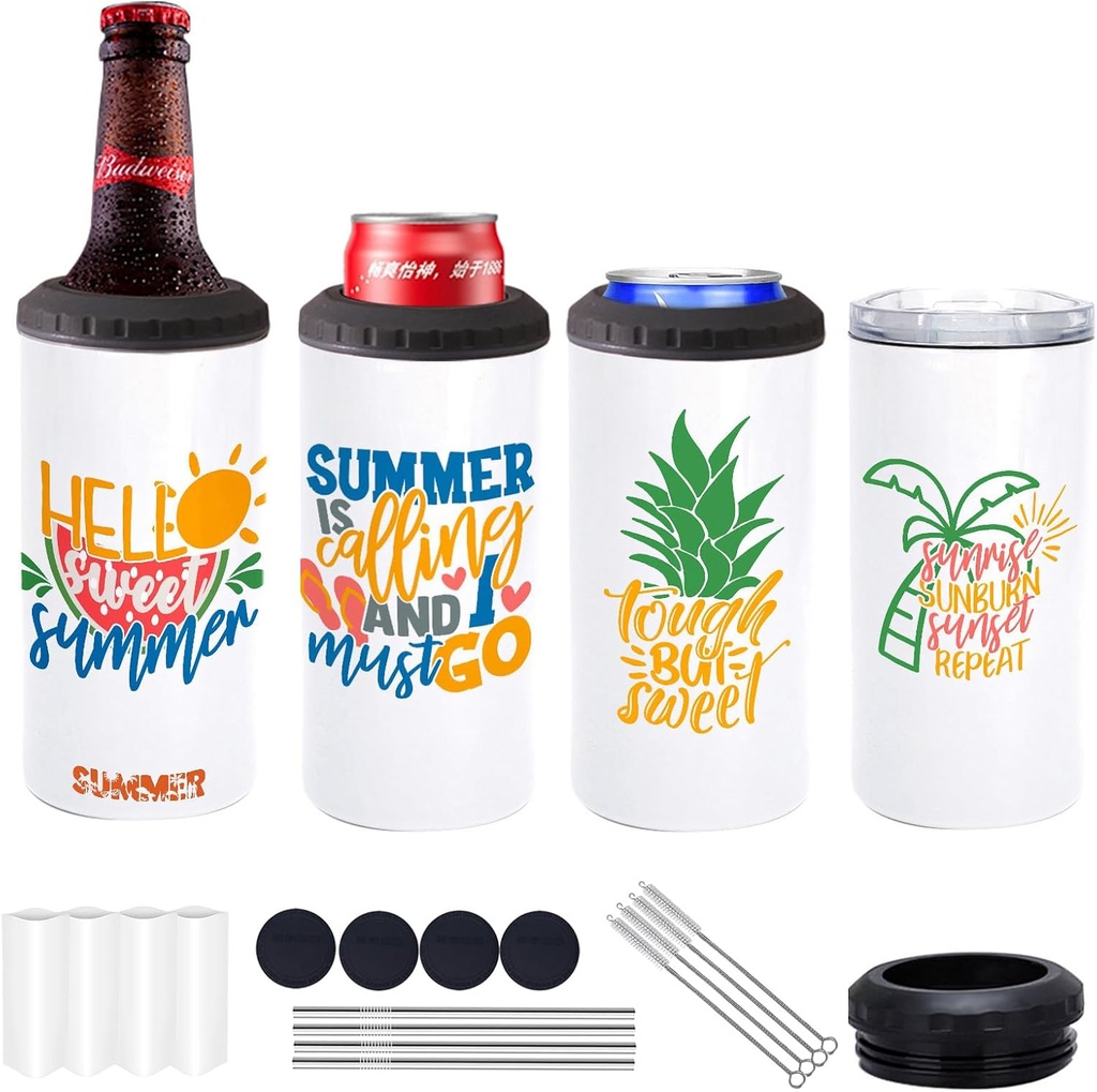 4 Pcs 16 oz Sublimation Blank Tumblers Skinny 4 in 1 Can Cooler with 2 Lid Stainless Steel Double Wall Insulated Beer Bottles Coolers Slim Can Holder for Drinks