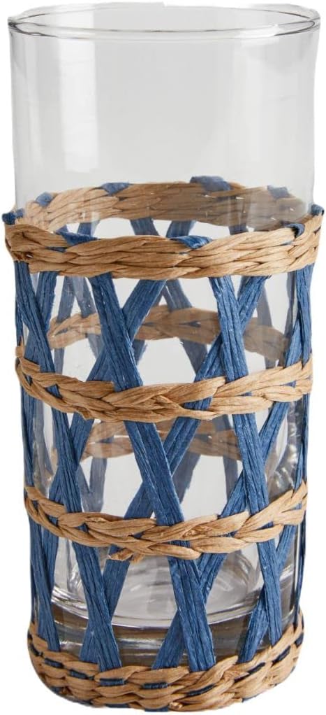 Tableau 4 Pack Rattan Glass Holder Set - Wicker Decor With 4 Dishwasher Safe Drinking Glasses, Rustic Decor for Indoors or Outdoors, Woven Beverage Container, Candle Holder