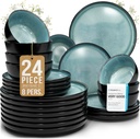 24 Piece Dinnerware Sets for 8 - Modern Style Stoneware Dinnerware Set - Scratch Resistant, Dishwasher Safe Plates and Bowls Sets Ceramic, Dish Set, Bowl and Plate Set - Black and Petrol Blue…