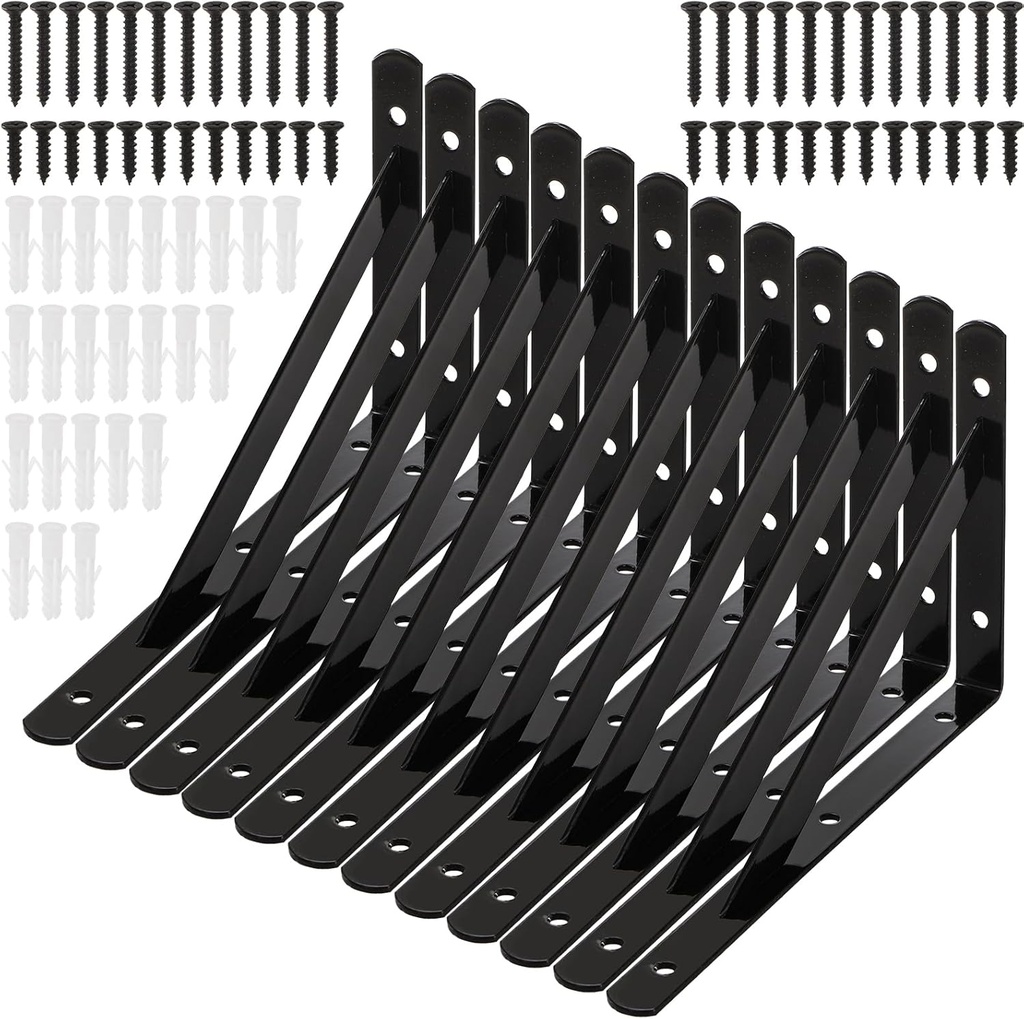 Hiceeden 12 Pack Heavy Duty Shelf Brackets, 8 in x 5 in Wall Mount Steel L Shelf Bracket, Angle Brackets for Floating Shelves, Black Metal Powder-Coated