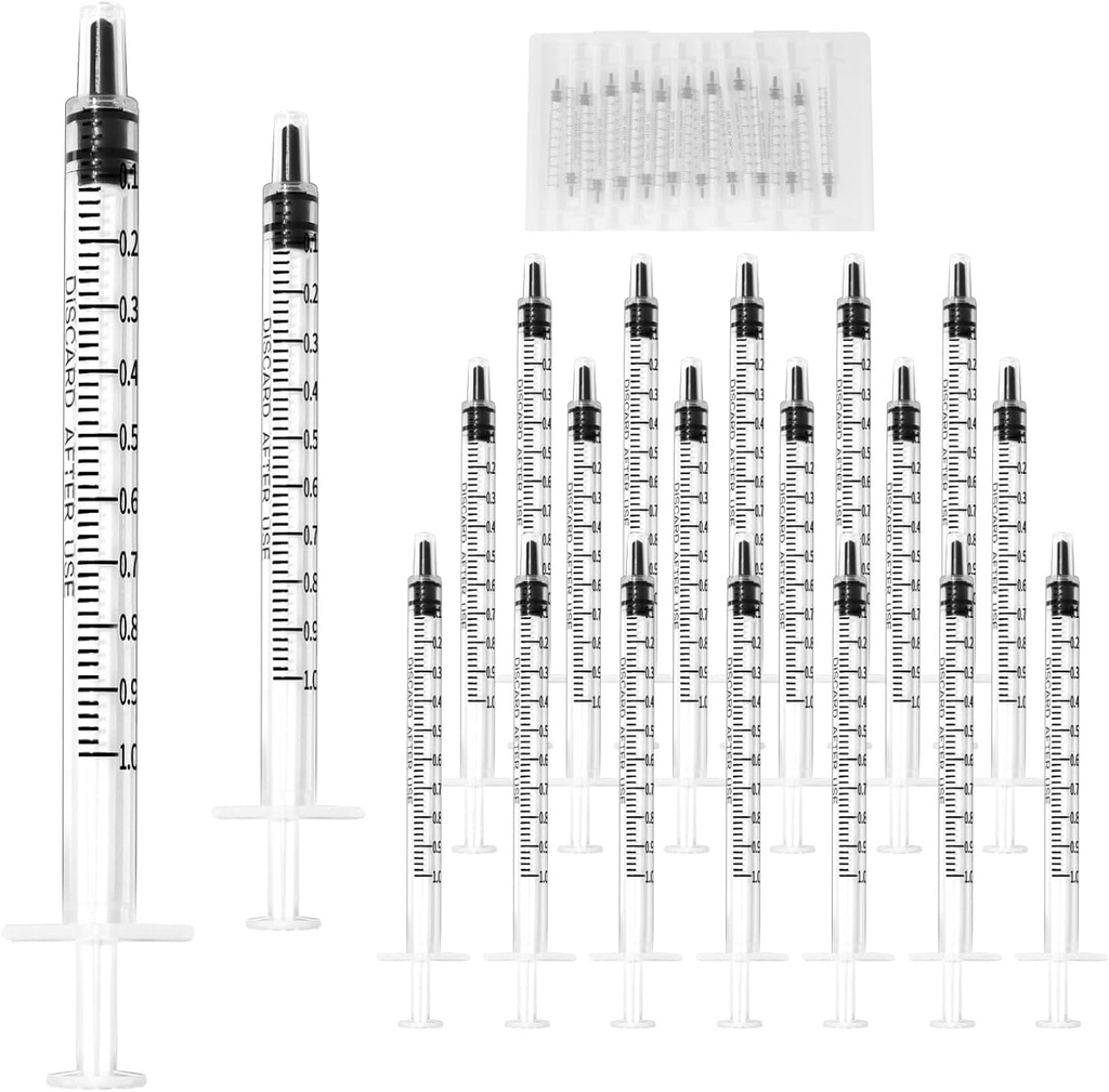 20 Pack 1ml Syringe for Liquid, 1cc Plastic Small Syringes for Scientific Labs, Measuring Liquids, Feeding Pets, Medical Student, Oil or Glue Applicator, Non-Sterile, No Needle