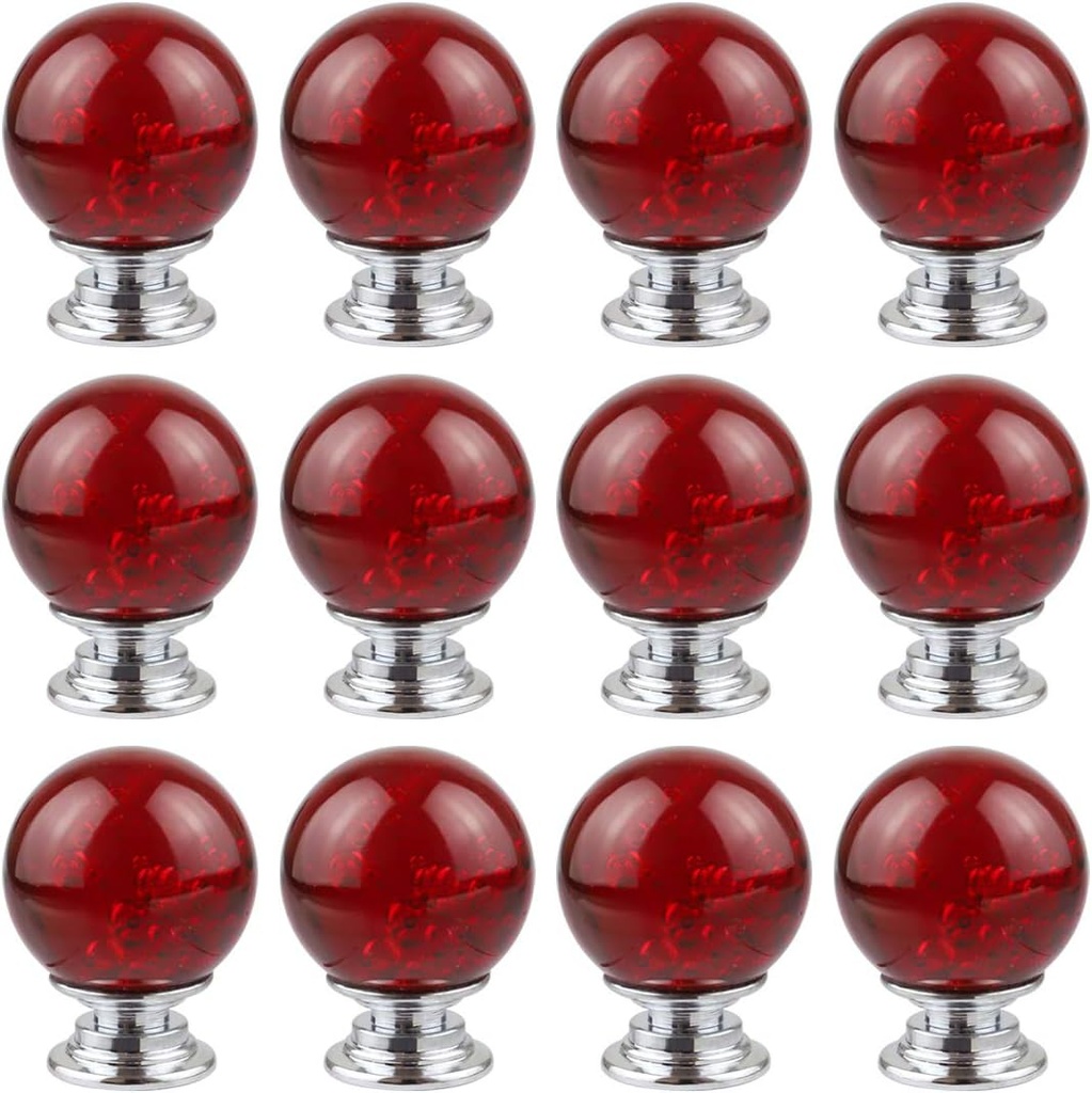 12 PCS Crystal Cabinet Knobs Round Glass Bubbles Knobs Smooth Drawer Pulls Handle for Home, Cabinet, Drawer and Dresser with 3 Different Size Screws, 30MM (Red)