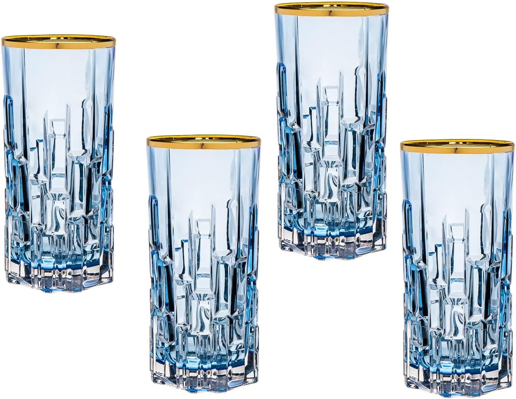 Godinger Highball Glasses Beverage Glass Cup Set, Goblets, DOFs Gold Rim Milana Set of 4 - Blue