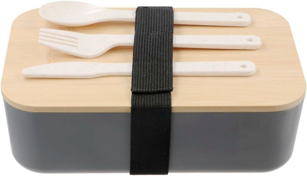 GUDEKIKL 1Pcs Wood Lid Lunch Plastic Box, Portable Food Storage Box With 3pcs Wheat Straw Tablewares, Large Capacity Leakproof Lunch Containers With Elastic Band