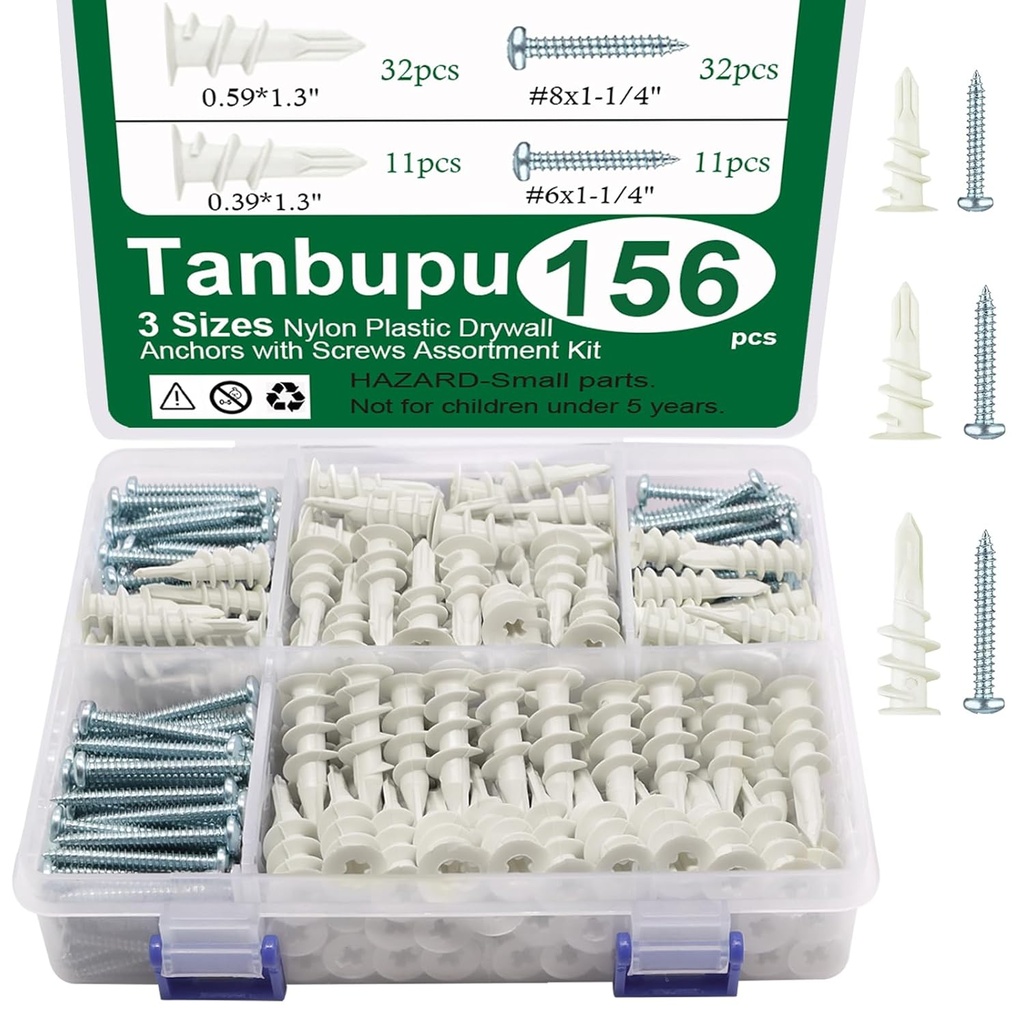 156PCS Self Drilling Drywall Anchors and Screws for Drywall,3 Sizes Nylon Plastic Wall Anchors,13x42mm,15x33mm, 10x33mm,No Pre Drill Hole Preparation Required