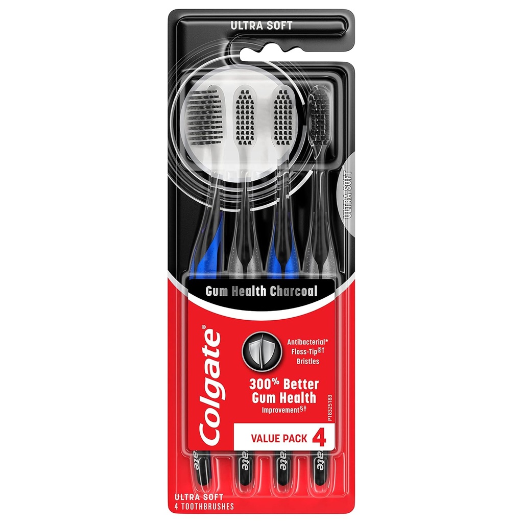 Colgate Gum Health Charcoal Toothbrush with Ultra Soft Floss Tip Bristles, Extra Soft for Sensitive Gums and Teeth, 4 Pack
