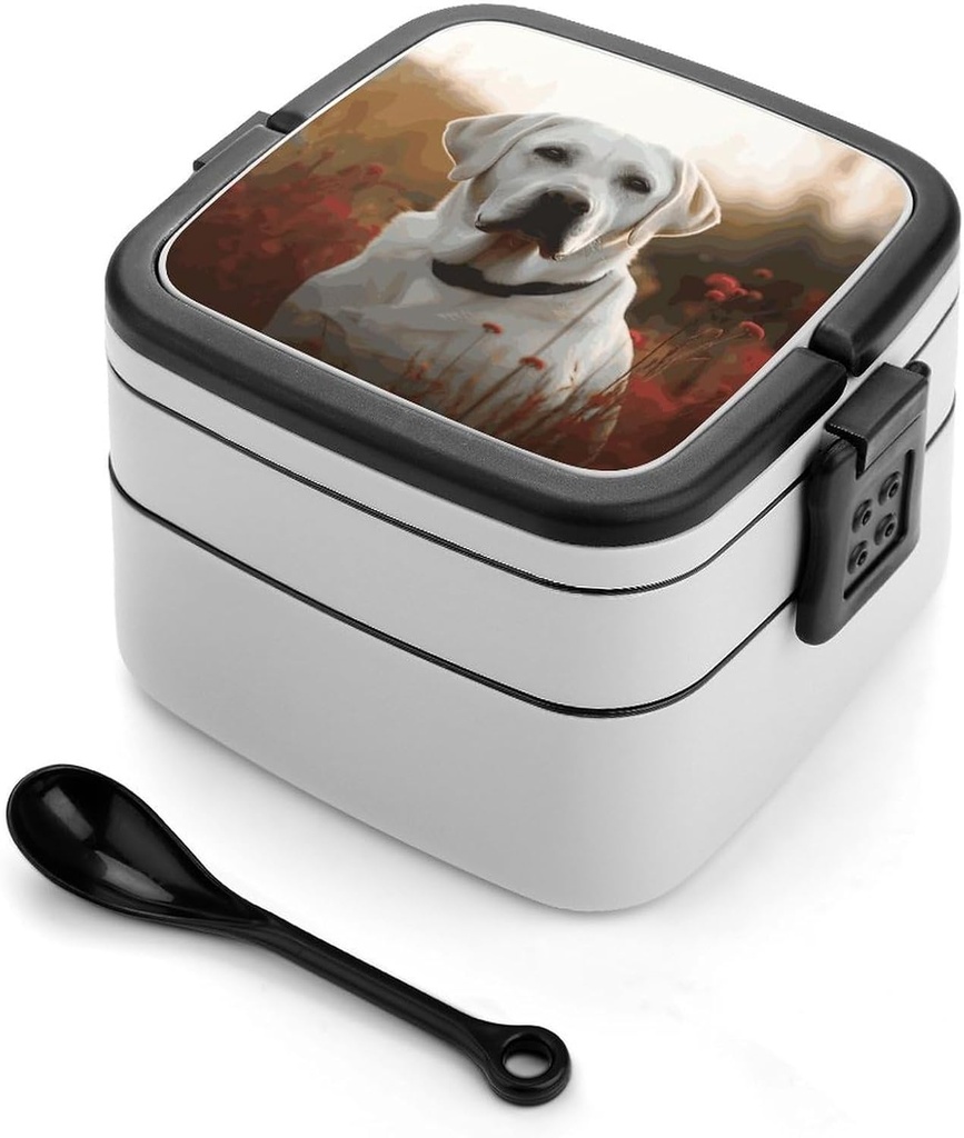 White Labrador Bento Box Adult Lunch Box All-in-One Lunch Containers with Removable Compartments Double Layer Bento Lunch Box with Spoon And Handle Stackable Lunchbox