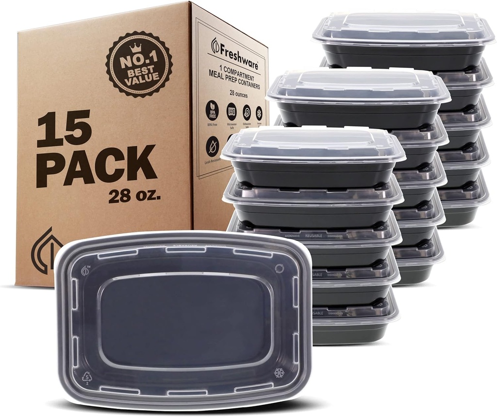 Freshware Meal Prep Containers [15 Pack] 1 Compartment Food Storage Containers with Lids, Bento Box, BPA Free, Stackable, Microwave/Dishwasher/Freezer Safe (28 oz) Black