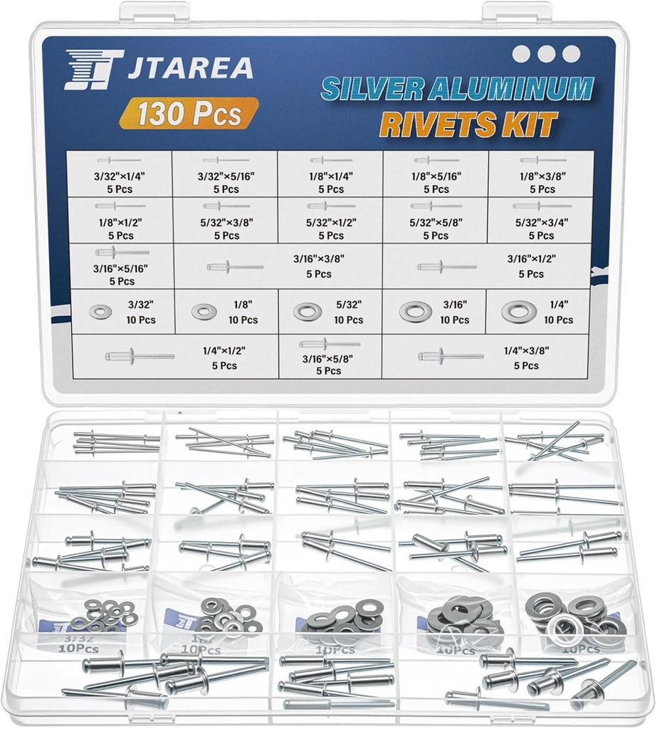 16Sizes Pop Rivets Kit 3/32 1/8 5/32 3/16 1/4 Inch Silver Aluminum Blind Rivet Assortment Set with Stainless Steel Washers (Pack of 130PCS)