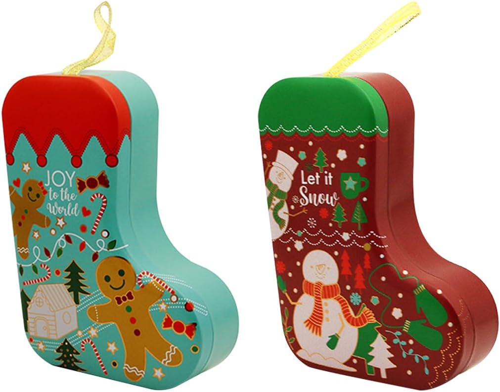 2Pcs Christmas Jar, Tin Box with Lid for Christmas Gifts Cookies Candy Snack, Metal Storage jar Xmas Holiday Birthday wParty Decor, Stocking Shape