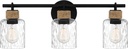 Quoizel Naturals Baltic Modern Vanity Lights, 24 Inch 3-Light Coastal Matte Black & Clear Water Glass Bathroom Lighting Fixtures Over Mirror, Wall Mount Light for Bathroom, Kitchen or Hallway