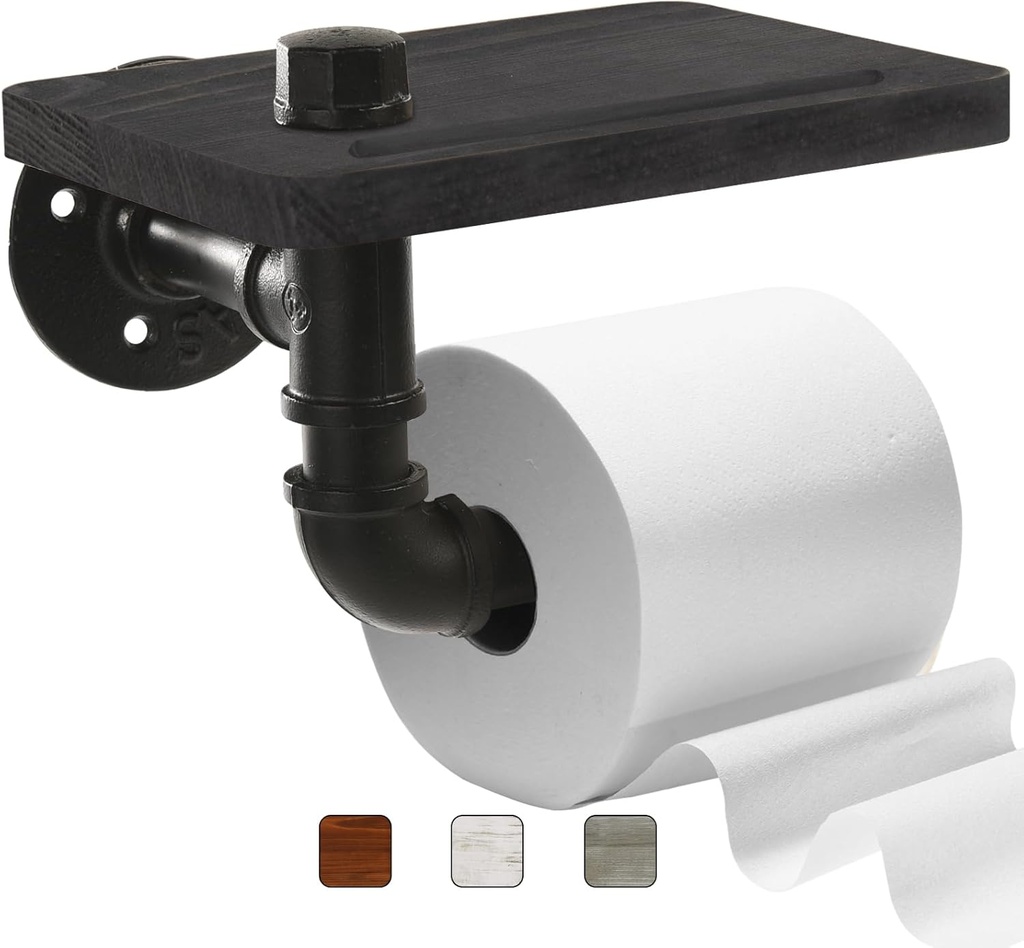 Industrial Pipe Wall Mounted Toilet Paper Holder with Shelf - Rustic Wood and Metal Bathroom Tissue Roll Holder, Farmhouse Decor for Bathroom-Black