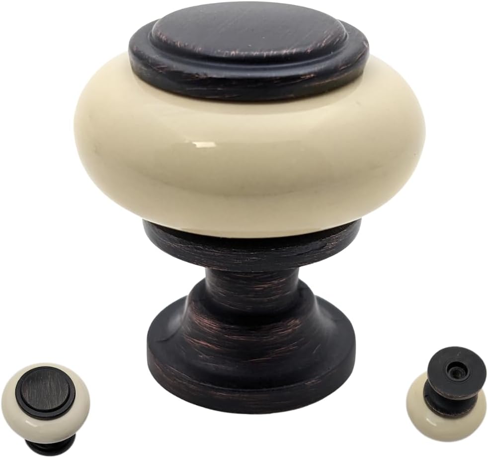 10 pcs Oil-Rubbed Bronze with Beige Ceramic Round Cabinet Knobs for Dressers, Cabinets & Drawers