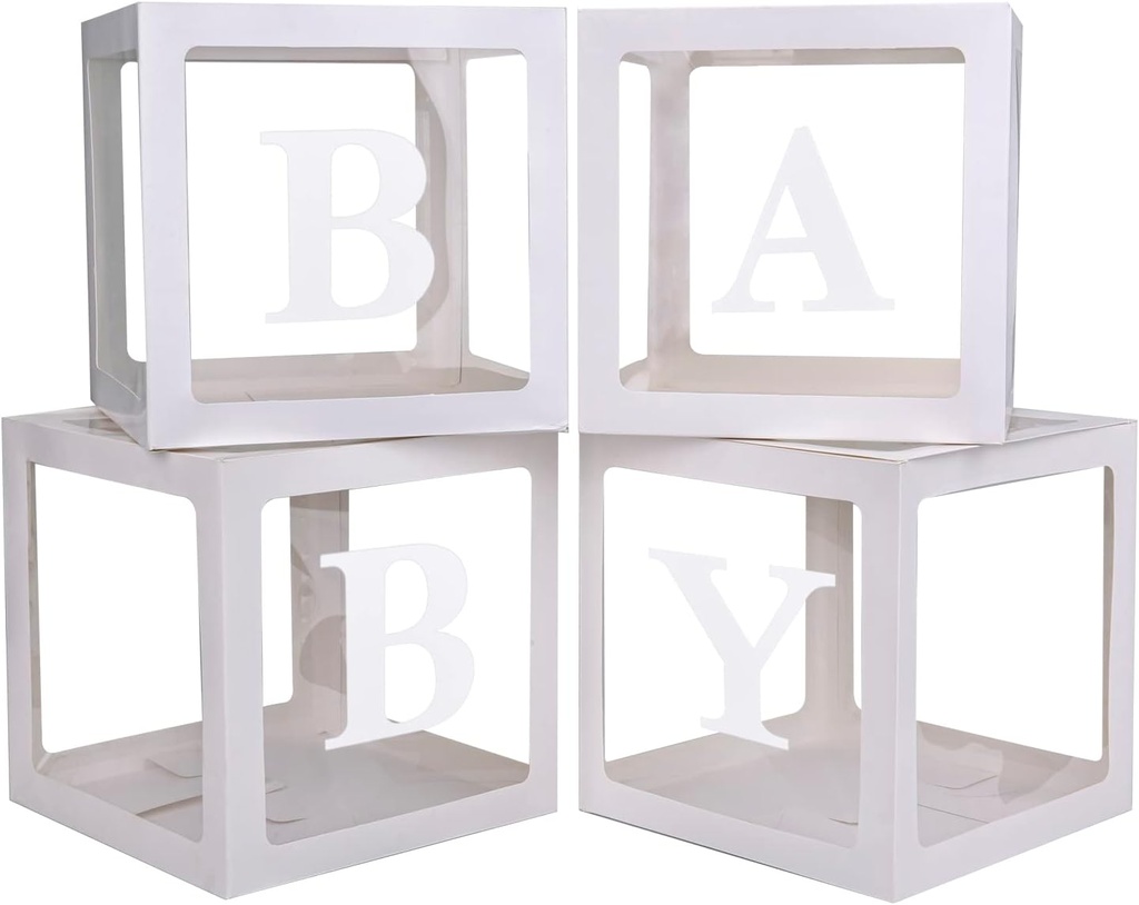 Baby Boxes with 4 PCS Letters for Baby Shower White Clear Balloon Box Blocks Gender Reveal Decorations and Birthday Party (White)