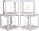 Baby Boxes with 4 PCS Letters for Baby Shower White Clear Balloon Box Blocks Gender Reveal Decorations and Birthday Party (White)
