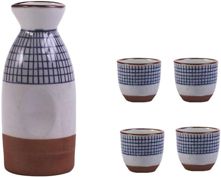 Japanese Sake Set, 5 Pieces Painted Retro Streak Design Wine Glasses Set, Include 1pc 10 oz Sake Bottle, 4pc 1.7 oz Sake Cups, Best Gift for Family and Friends