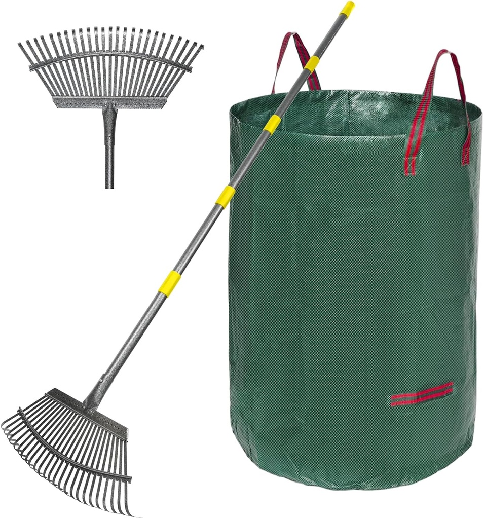 Adjustable Garden Rake for Leaves 36-73" Long Handle, 18" Wide, Heavy Duty with 25 Metal Tines ，Includes 32Gallon Leaf Bags，Designed for Lawns, Grass, Shrubs ，Flower Beds