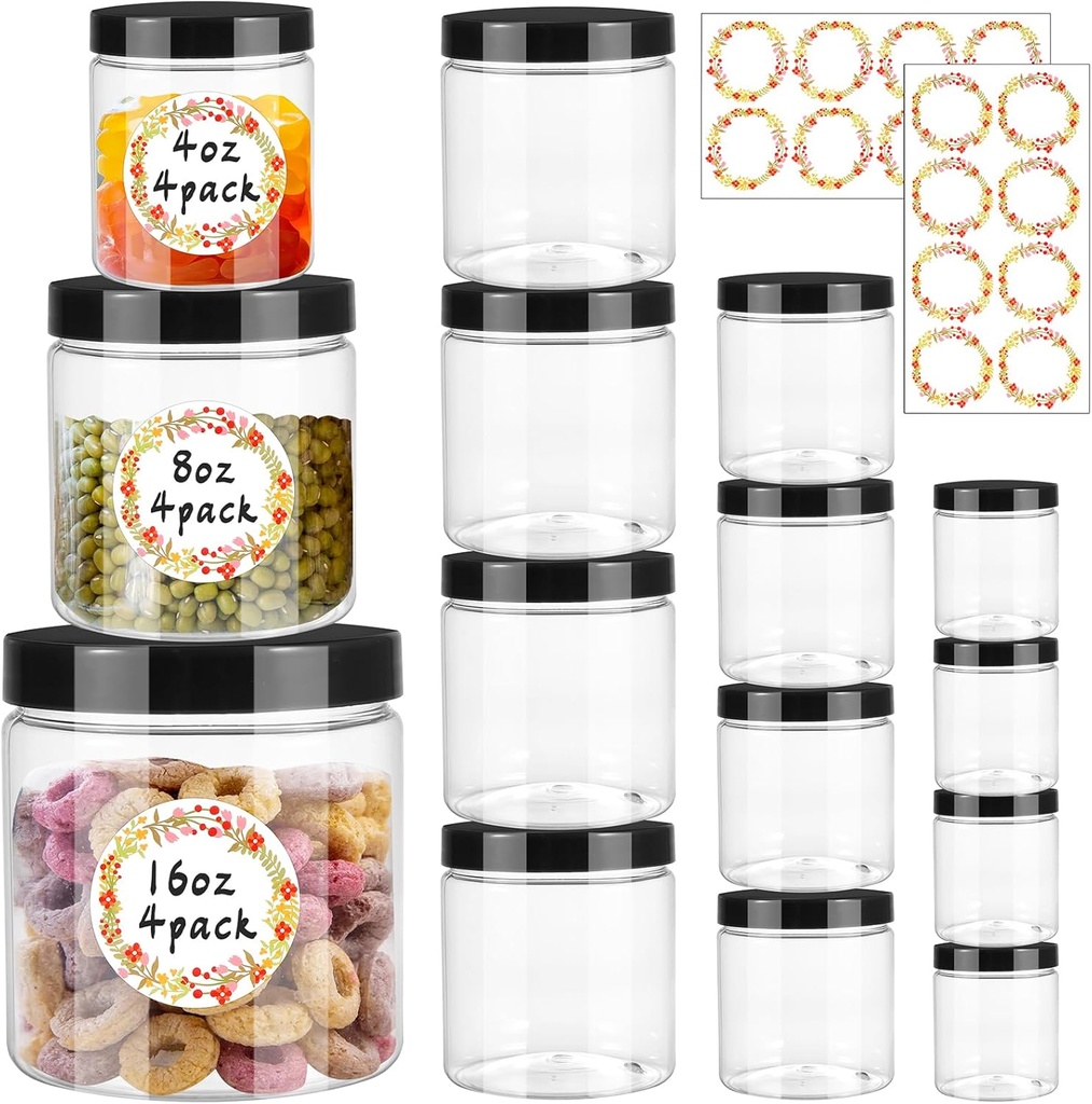 Dlerom 12pcs Plastic Jars with Lids 16 oz & 8 oz & 4 oz, Leakproof Storage Containers Clear Plastic Mason Jars for Peanut, Spice, Cookie, Candy and Dry Food Wedding Shower Party Favors