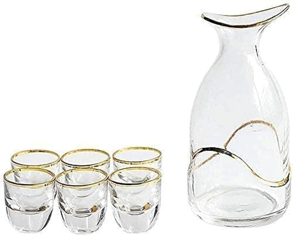 7 Piece Glass Sake Set Hand Painted Sake Set with Gold Edge Japanese Style Wine Set for Cold Warm Hot Sake Shochu Tea Sake Drinking Set (Transparent)