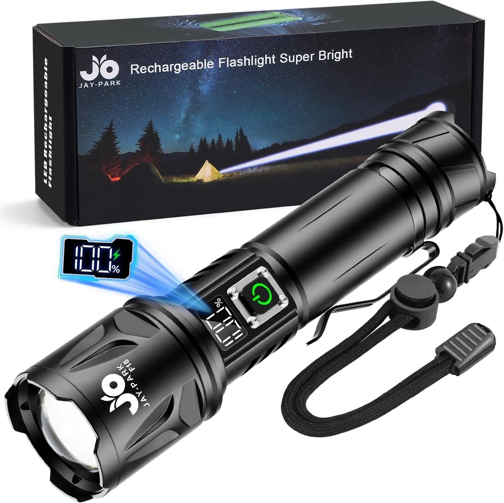 JAY-PARK High Lumen Flashlight - 10000 Lumens, Rechargeable 5000mAh with LCD Display, Zoomable Long Beam (3000m), IP67 Waterproof, 5 Modes & Belt Clip - for Camping, Dog Walking