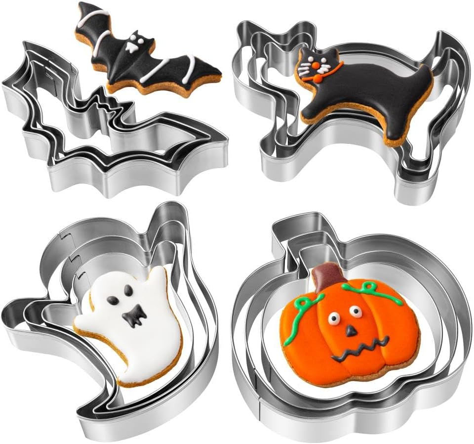 Halloween Cookie Cutters Set - 12 Pieces Stainless Steel Halloween Cookie Cutters Shape,Pumpkin, Ghost, Bat and Cat Cookie Cutter Shapes for Halloween Food Party Decorations