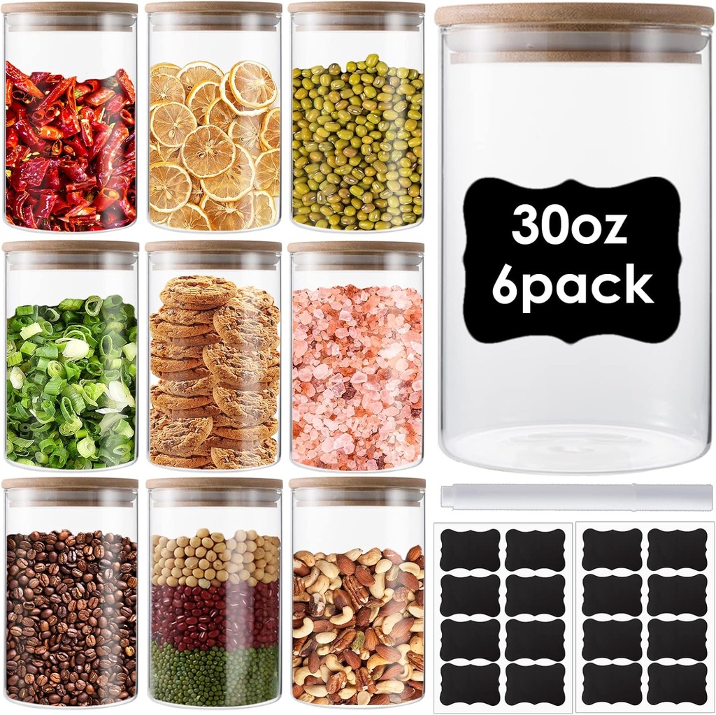 6 Pack Glass Storage Jars with Airtight Bamboo Lid, 30 OZ Glass Kitchen Canisters, Clear Container for Coffee Bean Storage, Dry Goods, Cookie, Candy, Tea, Spices and More