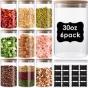6 Pack Glass Storage Jars with Airtight Bamboo Lid, 30 OZ Glass Kitchen Canisters, Clear Container for Coffee Bean Storage, Dry Goods, Cookie, Candy, Tea, Spices and More