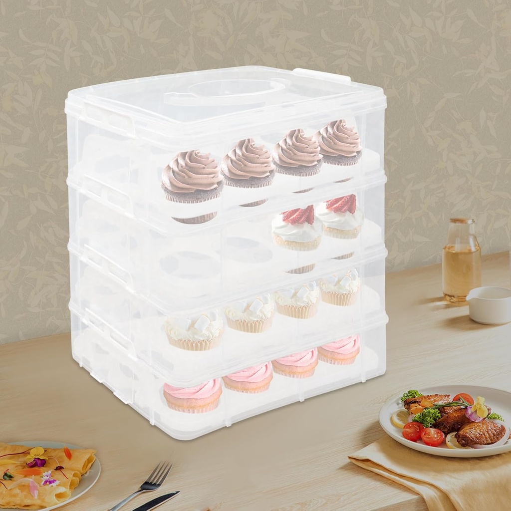 DYNAMI Cupcake Carrier for 48 Cupcakes,4 Tiers Cupcake Container with Lid and Handle,Clear Cupcake Transport Container,Store up to 48 Cupcakes or Muffins