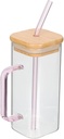 Glass Drinking Cup 400ML Square Glass Tumbler with Handle Clear Coffee Cups with Lids and Straws Portable Water Bottles Milk Jar Can hold various beverages. (Pink)